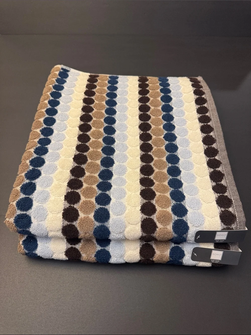 2pc SOHO Living 100% Cotton Penny Tile Dot/Stripe Bath Towel Set  - Blue/Brown